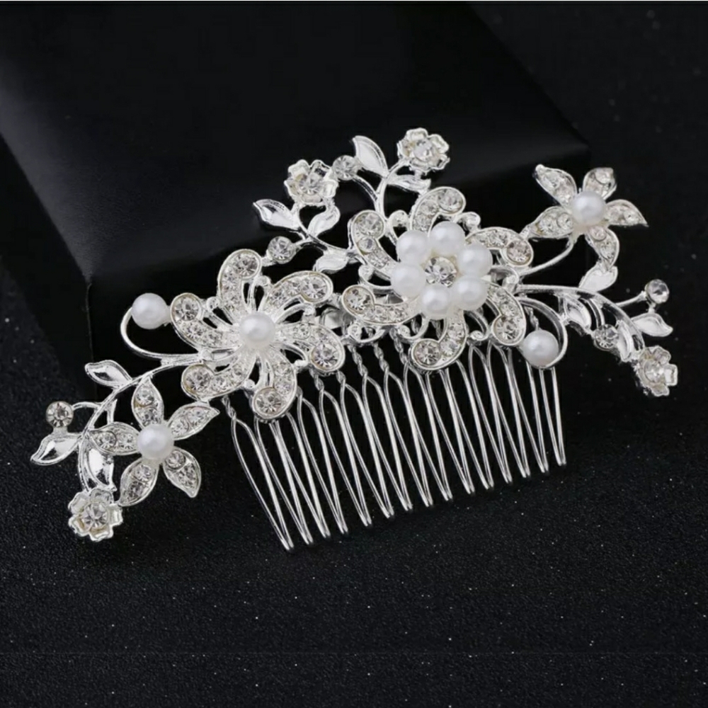 Crystal Flower Pearls silver hair comb